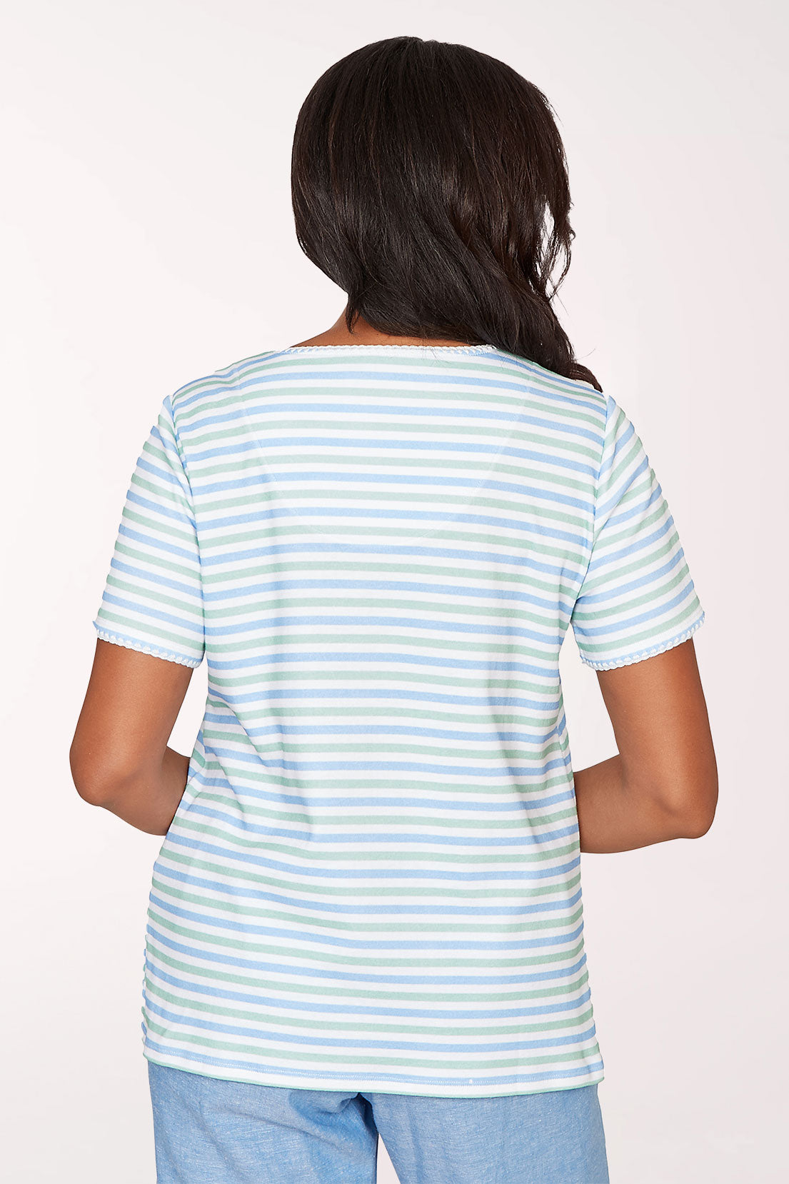 Caribbean Blues Floral Striped V-Neck Top