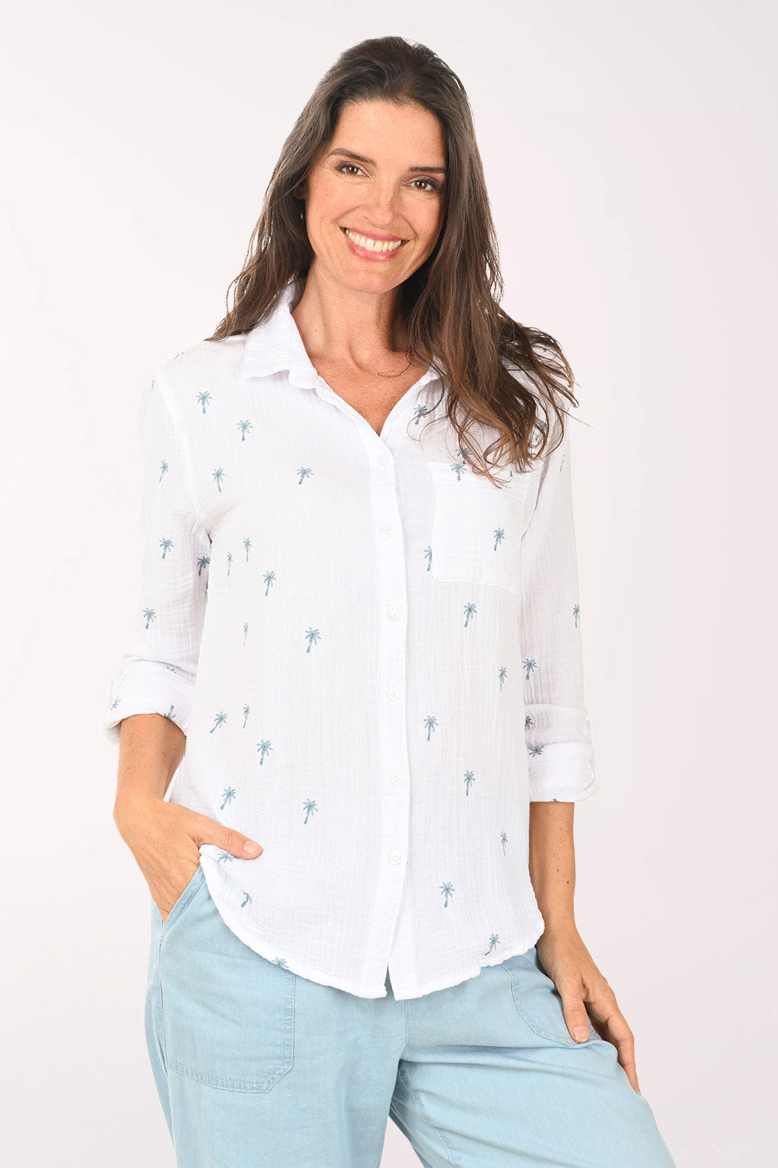 Embroidered Palm Tree Bubble Gauze Shirt