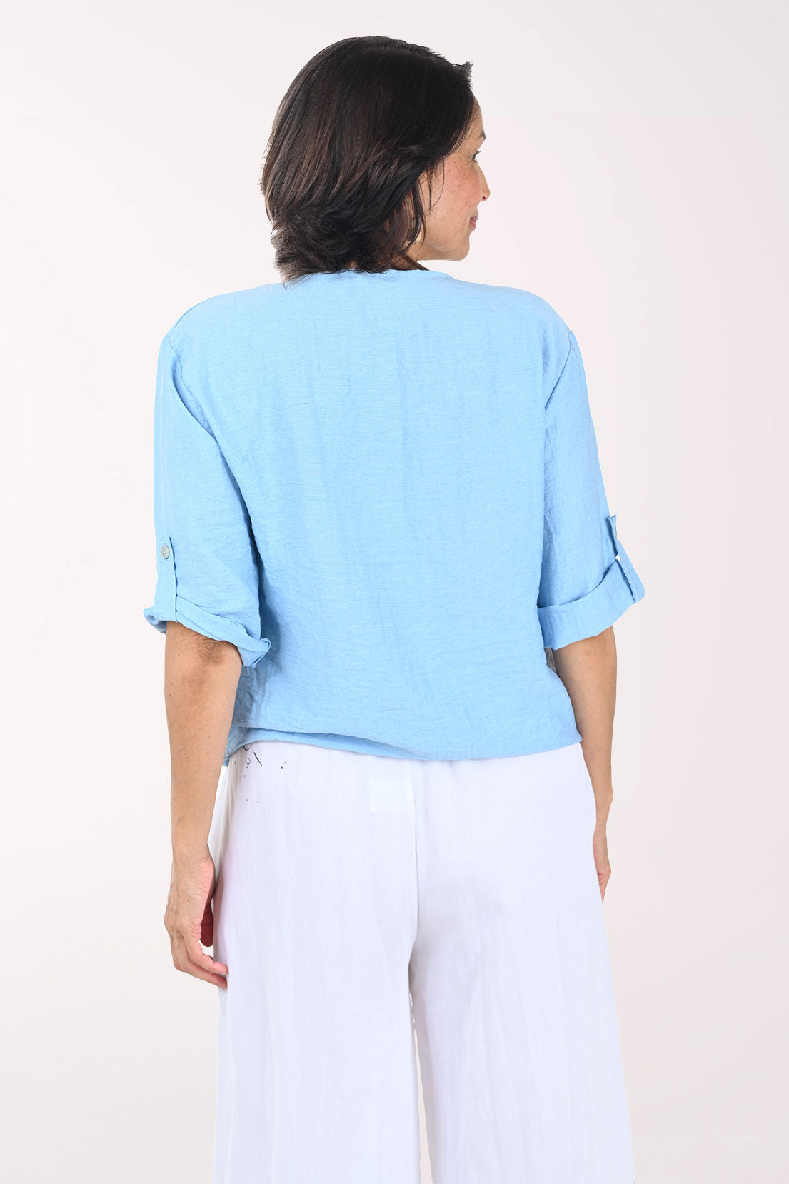 Linen-Blend Tie-Front Roll Sleeve Blouse