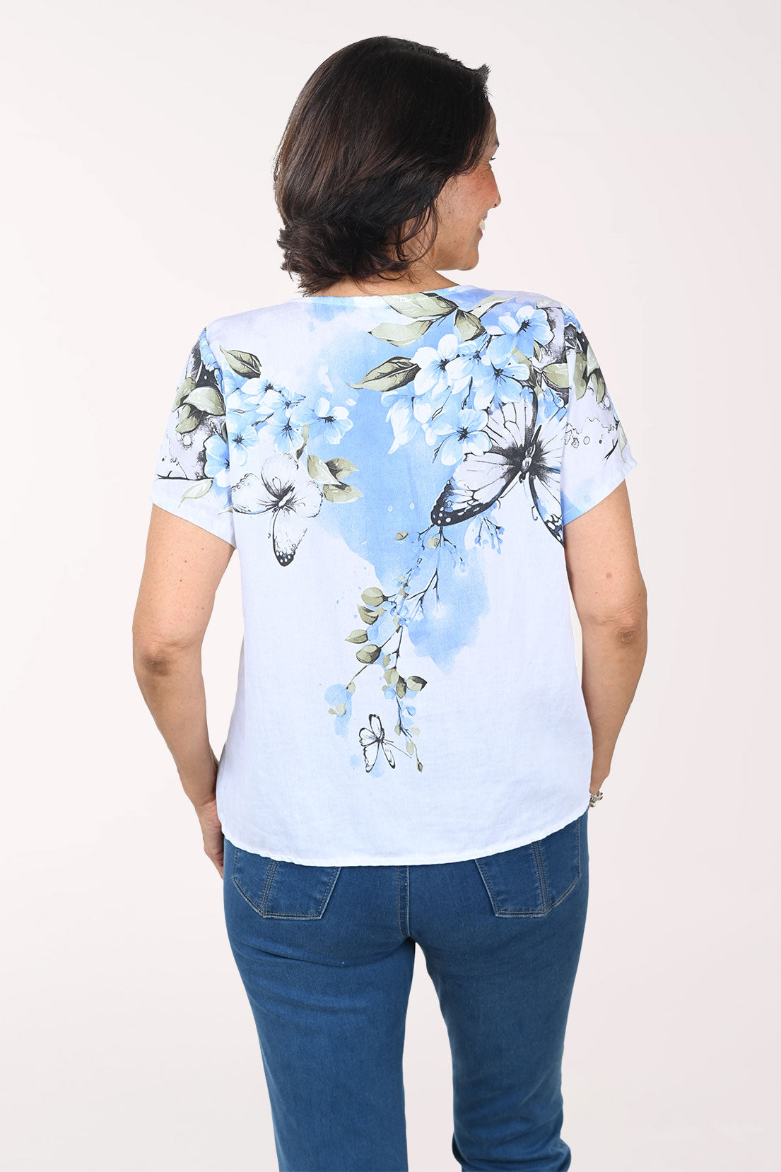 Blue Butterfly Linen-Blend Short Sleeve Top