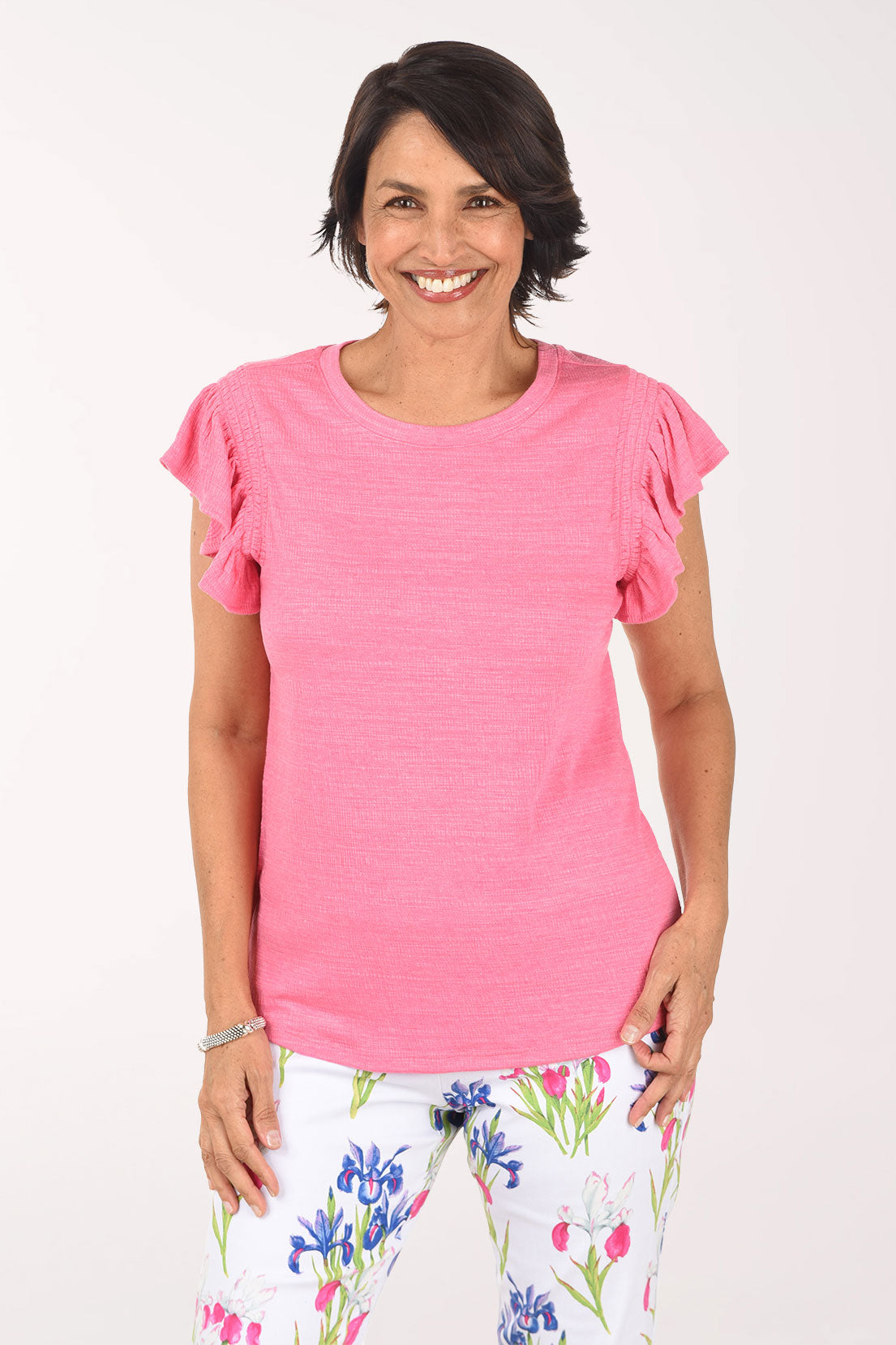 Slub Knit Ruffled Cap Sleeve Top