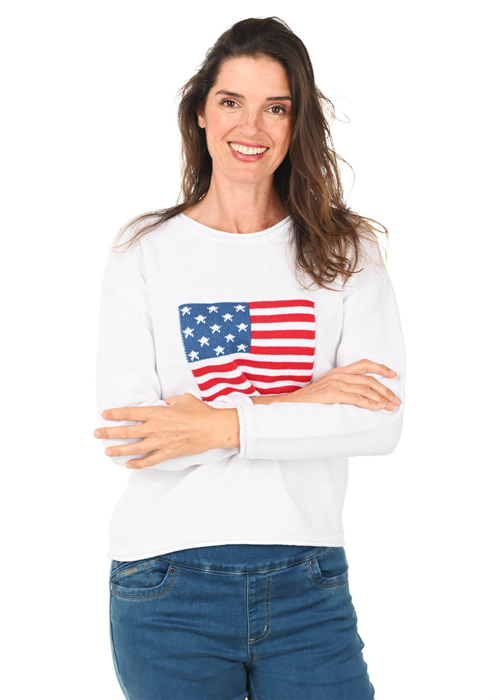 American Flag Rolled Crewneck Sweater