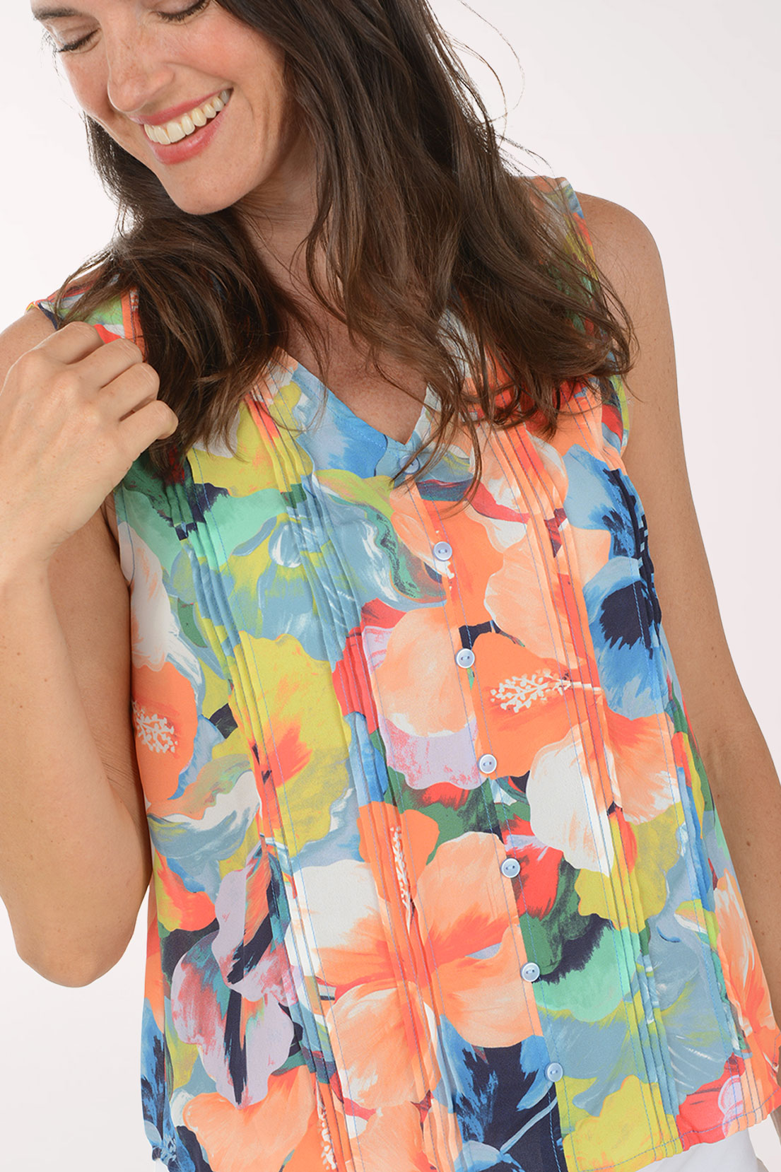 Coral Hibiscus Pleated Sleeveless Blouse