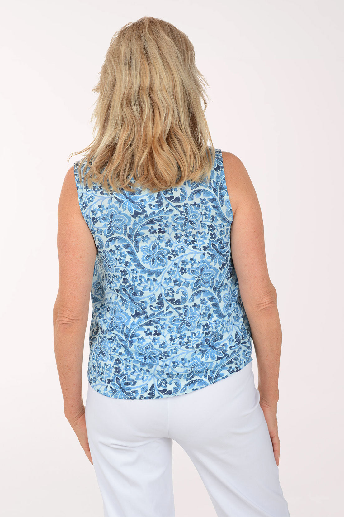 Blue Paisley Pleated Sleeveless Blouse
