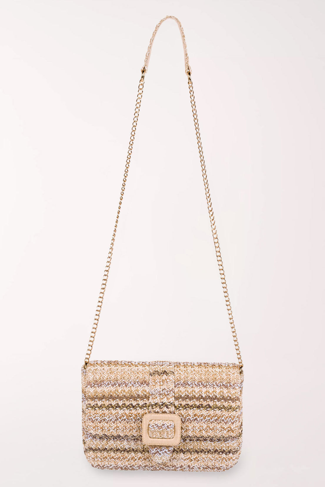 Beige Straw Snap Buckle Crossbody Bag