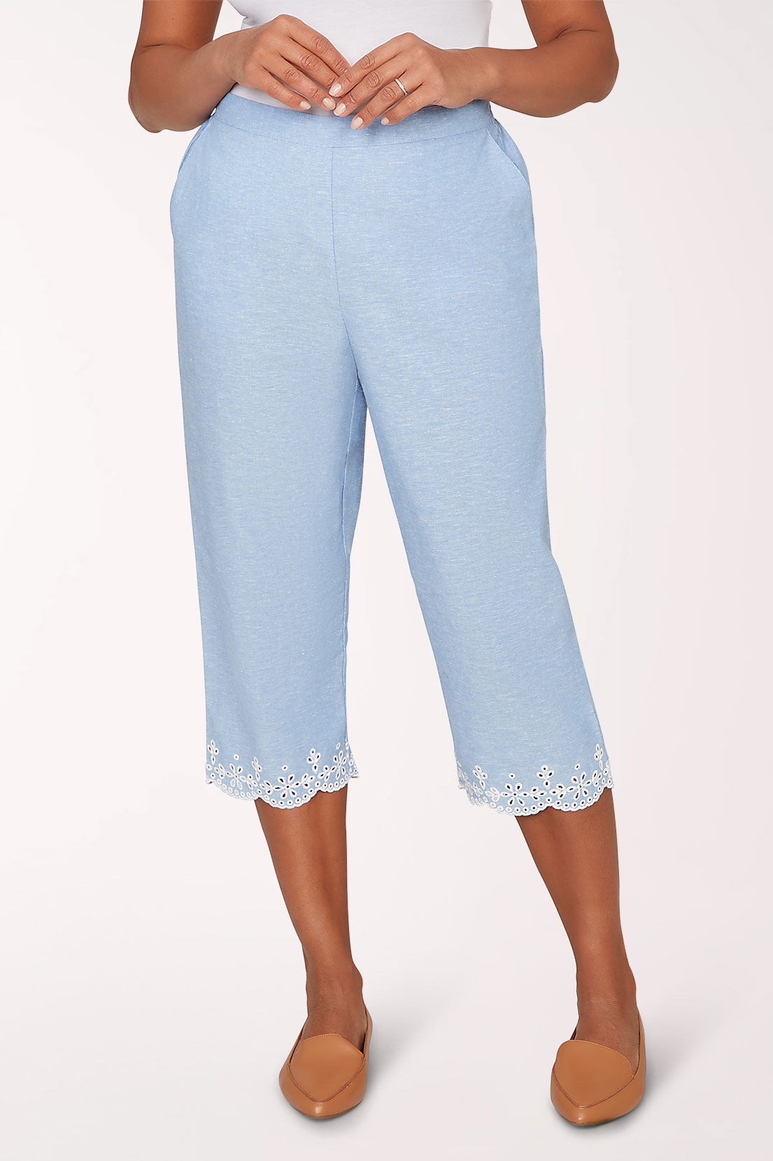 Caribbean Blues Eyelet Hem Capri Pant