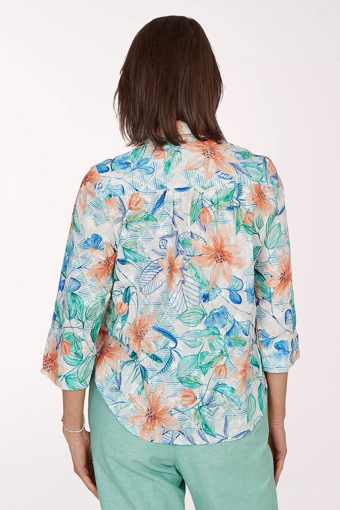 Caribbean Blues Embroidered Lilies Cotton Shirt