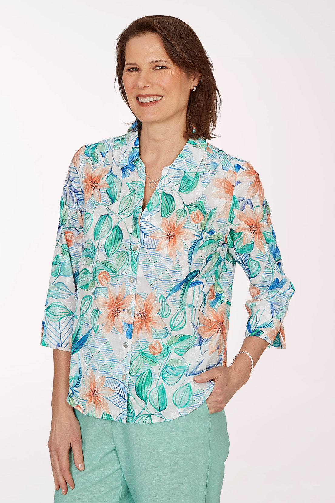 Caribbean Blues Embroidered Lilies Cotton Shirt