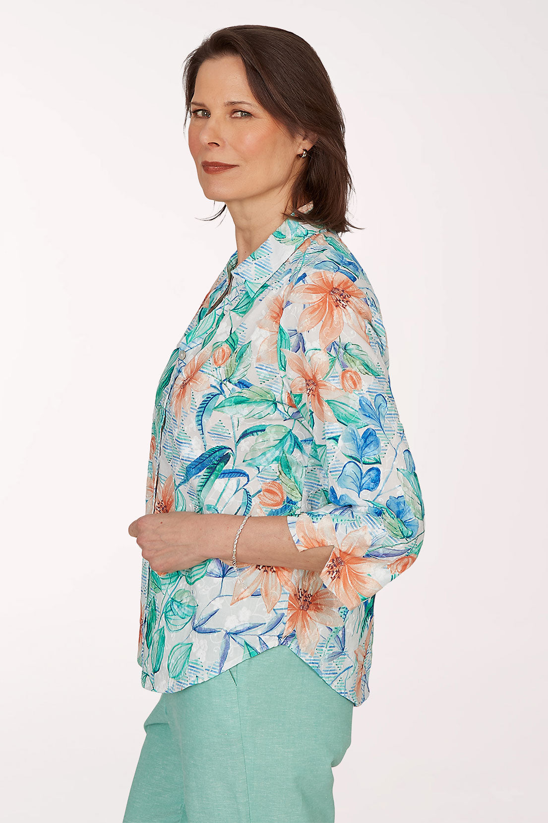 Caribbean Blues Embroidered Lilies Cotton Shirt