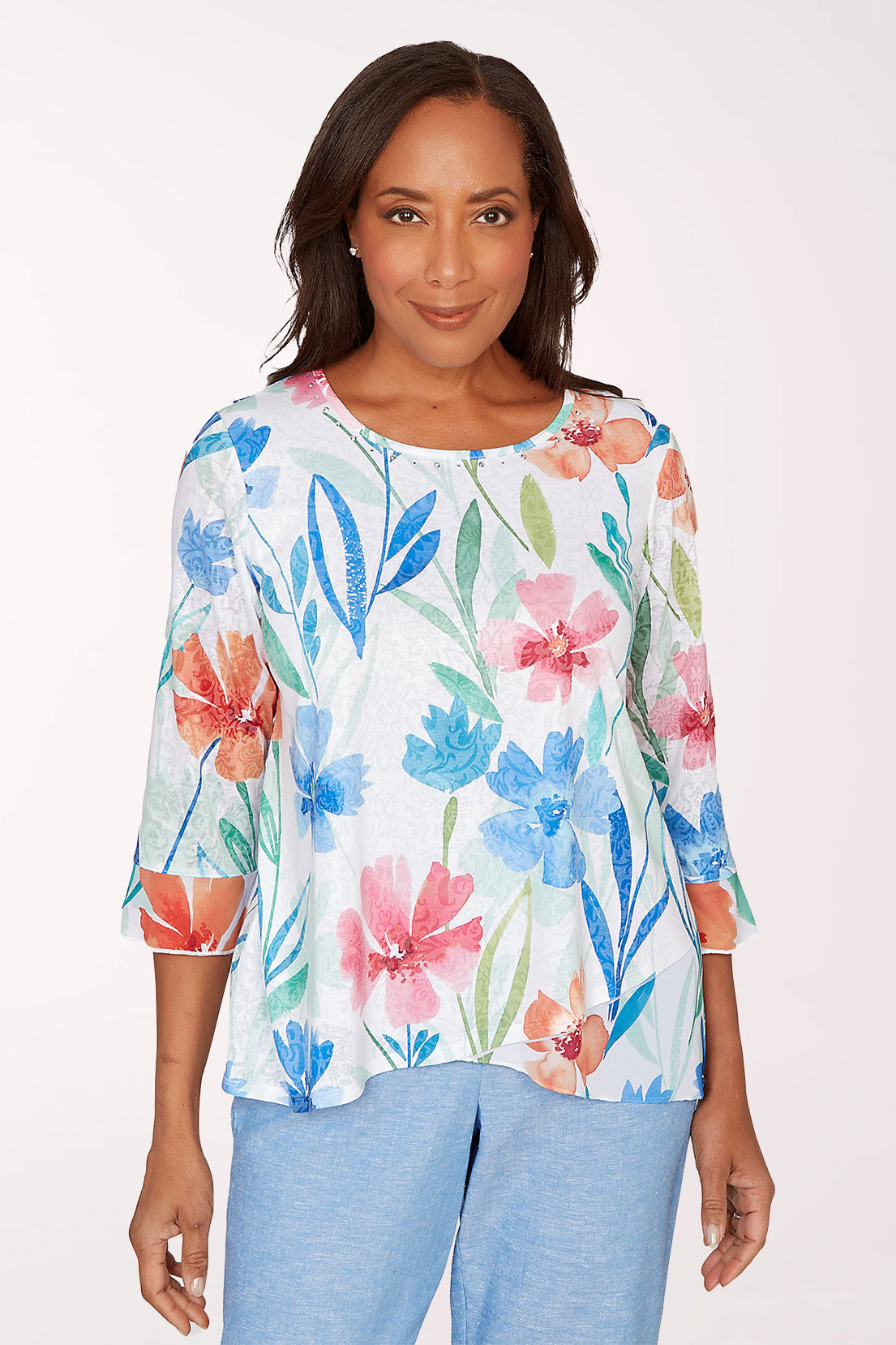 Caribbean Blues Whimsical Flowers Burnout Top
