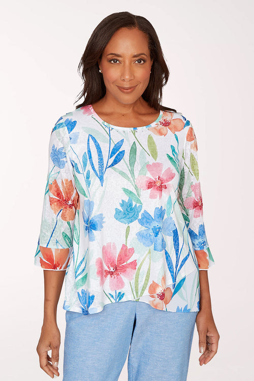 Caribbean Blues Whimsical Flowers Burnout Top