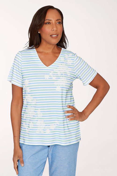 Caribbean Blues Floral Striped V-Neck Top