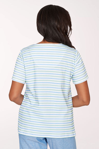 Caribbean Blues Floral Striped V-Neck Top