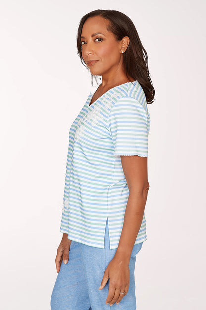 Caribbean Blues Floral Striped V-Neck Top