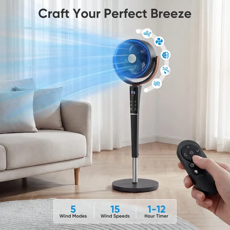 20dB Quiet Pedestal Fan with Remote | 15 Speeds, 5 Modes & LED Night Light