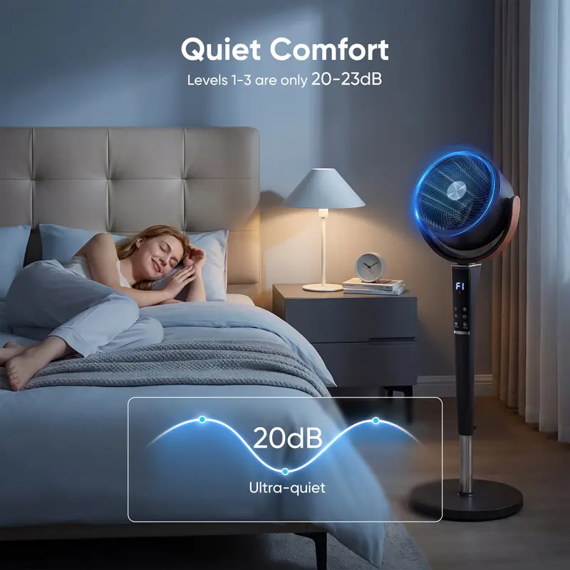 20dB Quiet Pedestal Fan with Remote | 15 Speeds, 5 Modes & LED Night Light