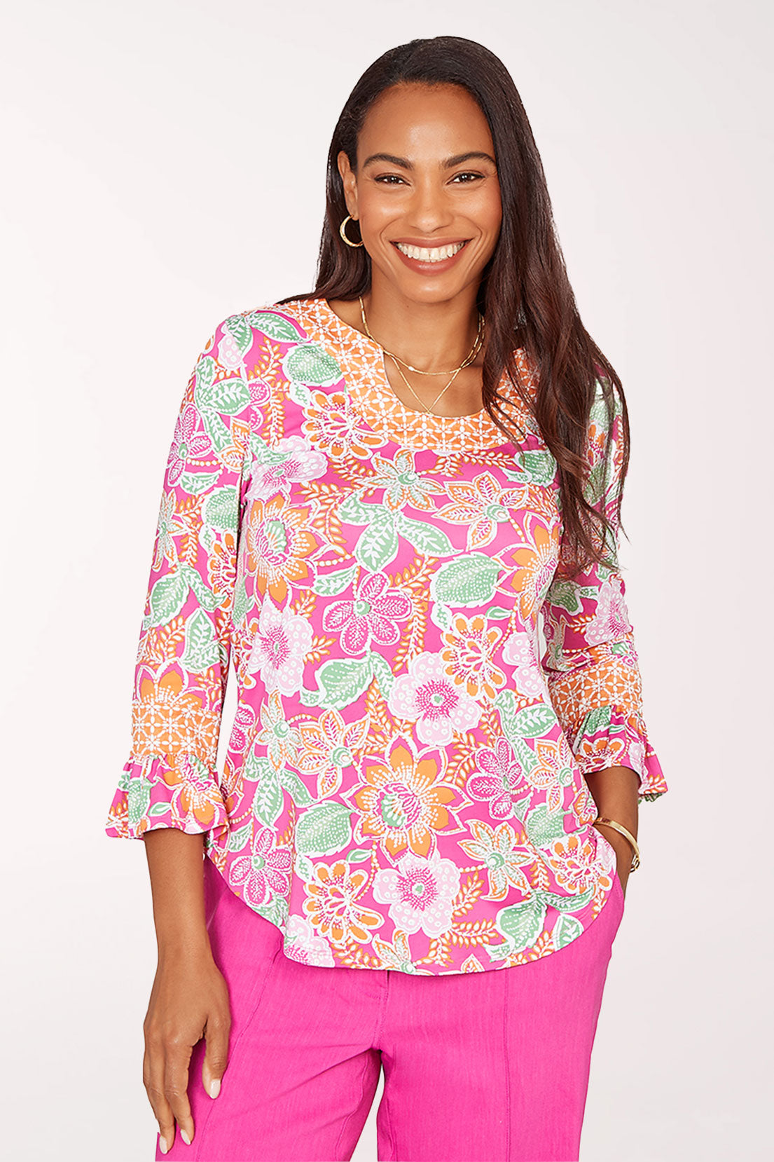 Hothouse Florals Puff Printed Horsehoe Neck Top