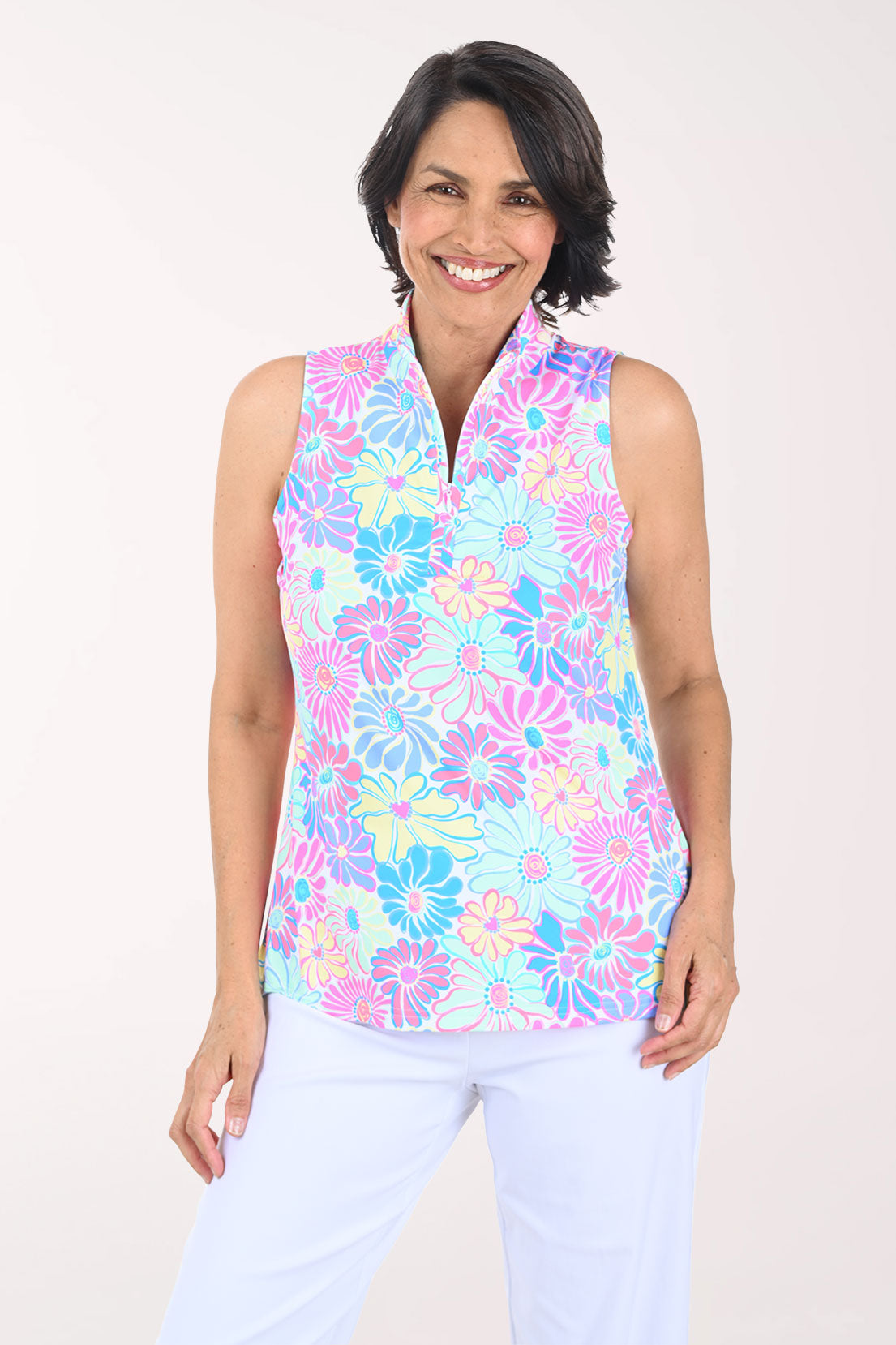 Pastel Petals Cooling UPF50+  Zip Sleeveless Top
