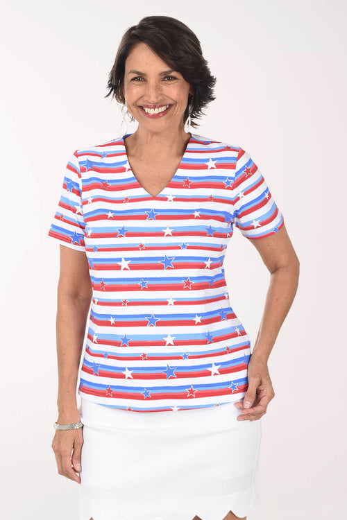 Stars And Stripes UPF50+ V-Neck Short Sleeve Top