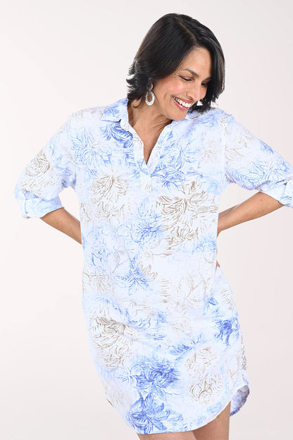 Palm Trees Collared Roll Sleeve Dress