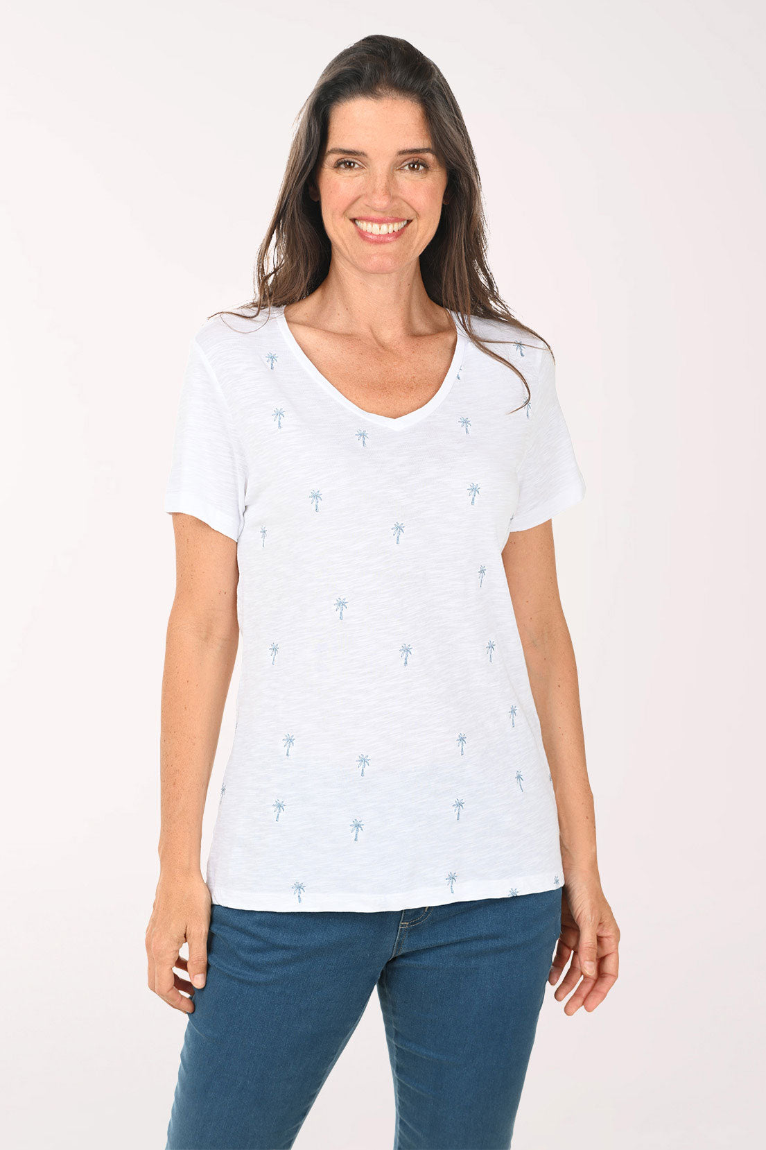 Embroidered Palm Trees V-Neck Tee