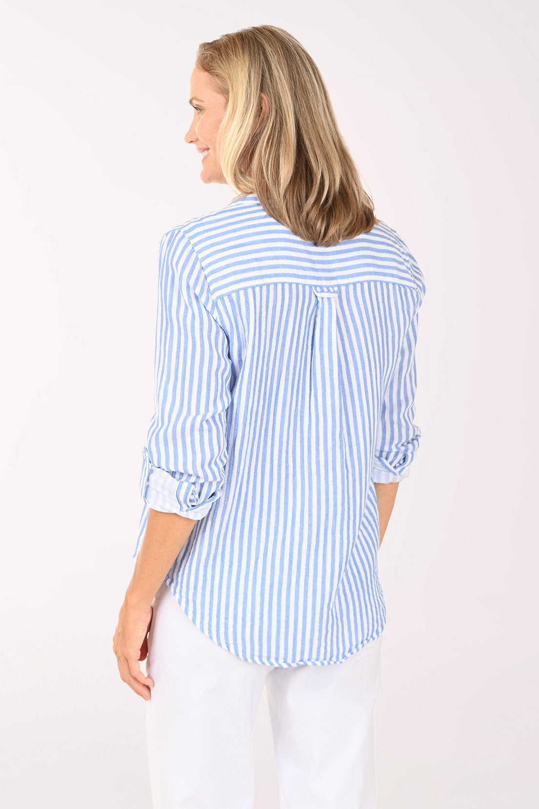 Striped Cotton Gauze Roll Sleeve Shirt