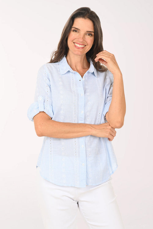 Pinstripe Cotton Eyelet Roll Sleeve Shirt