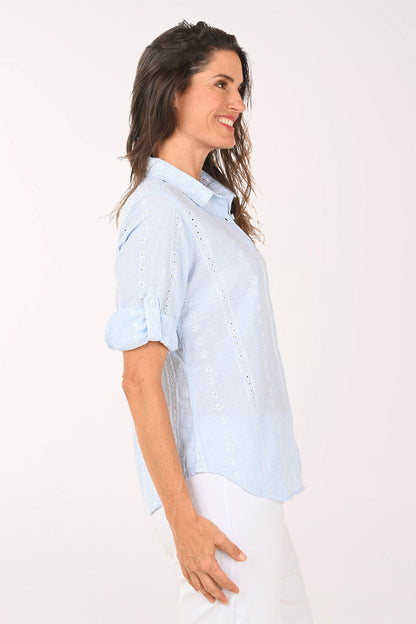 Pinstripe Cotton Eyelet Roll Sleeve Shirt