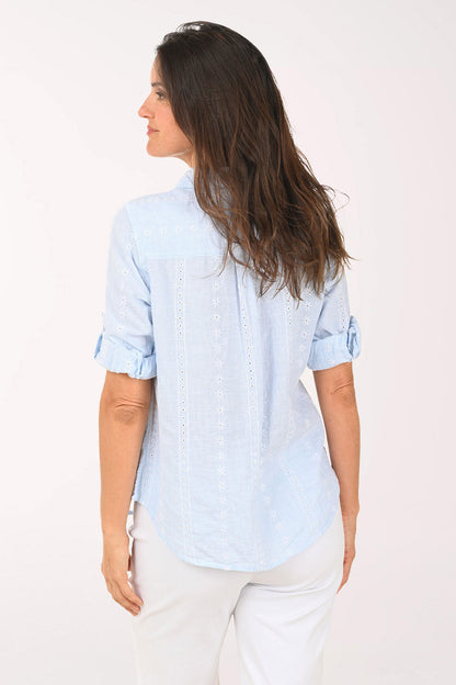 Pinstripe Cotton Eyelet Roll Sleeve Shirt