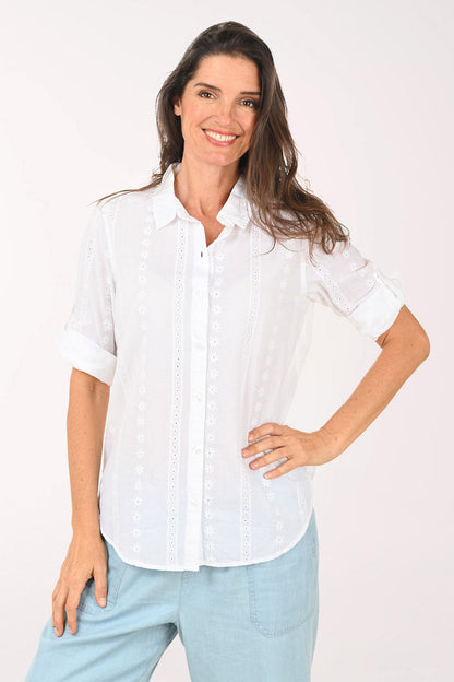 Solid Cotton Eyelet Roll Sleeve Shirt