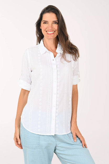 Solid Cotton Eyelet Roll Sleeve Shirt