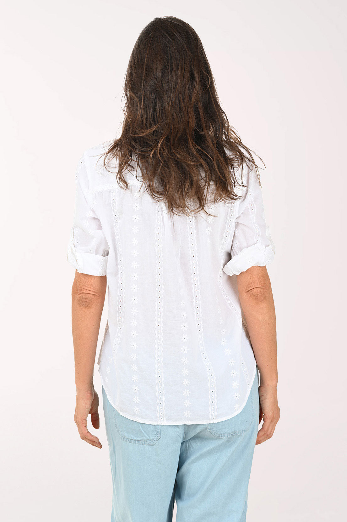 Solid Cotton Eyelet Roll Sleeve Shirt