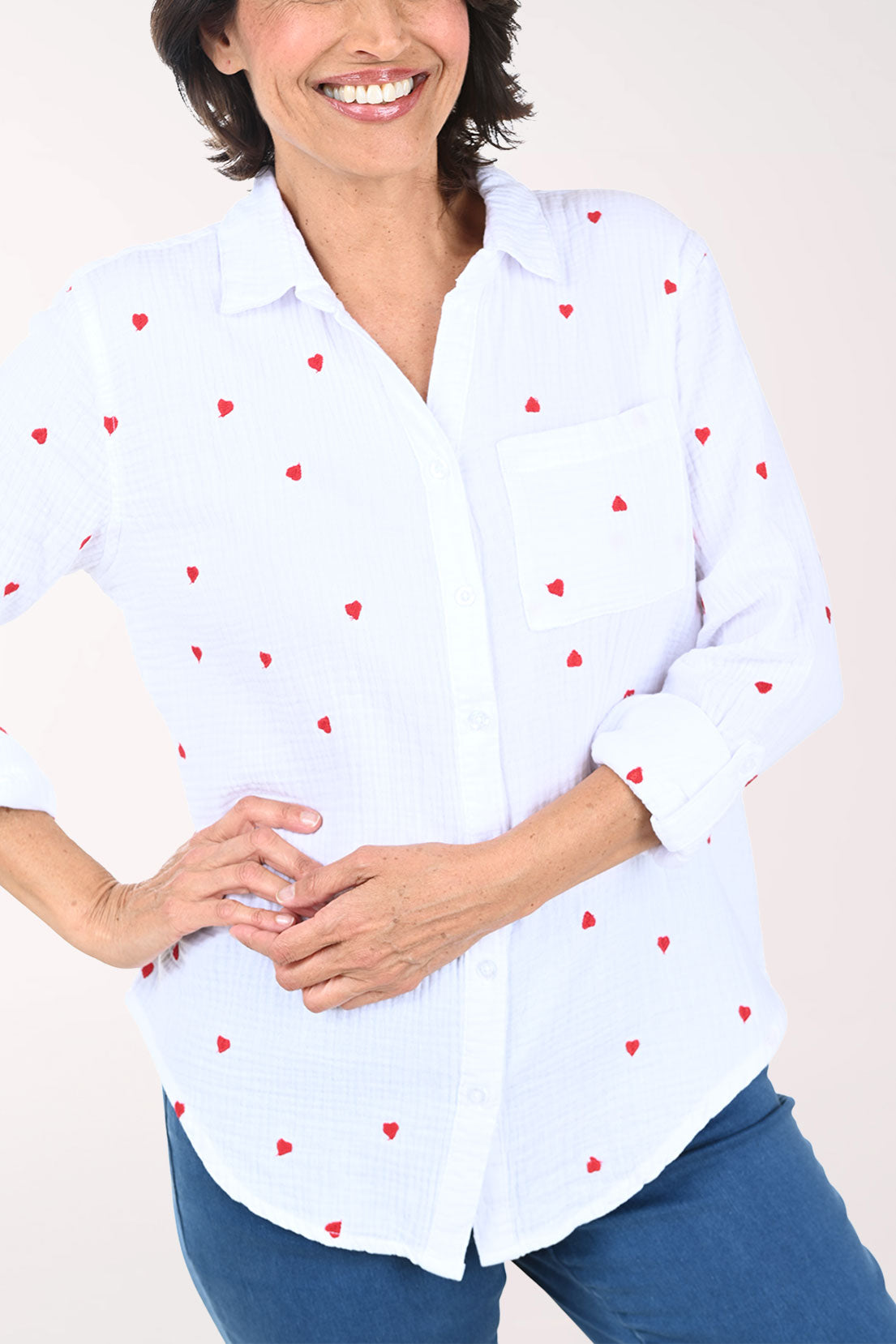 Embroidered Hearts Bubble Gauze Shirt