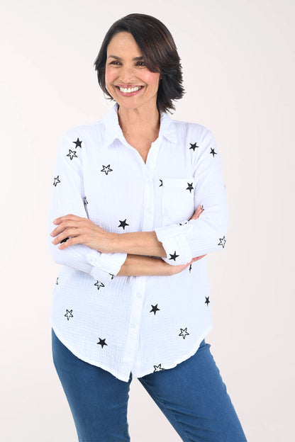 Embroidered Stars Bubble Gauze Shirt