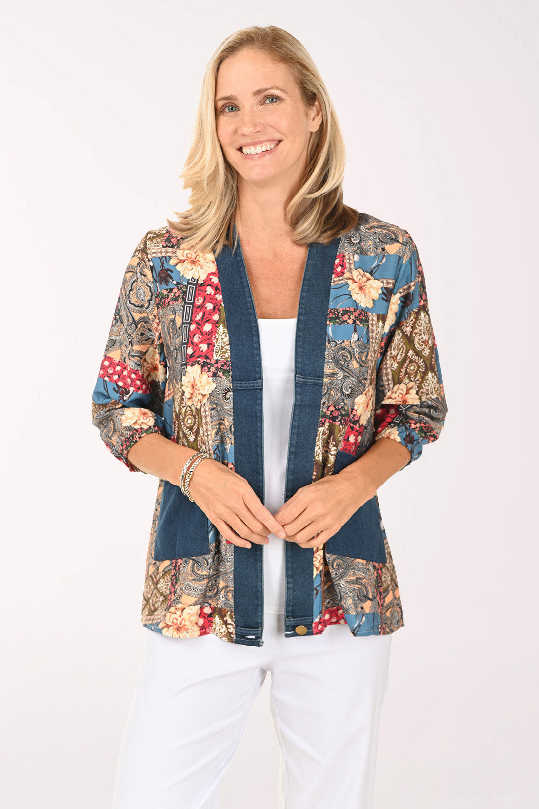 Patchwork Denim Trim Open Front Top