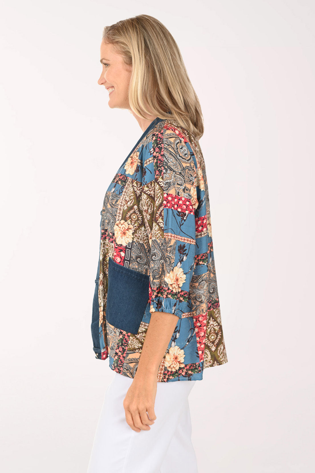 Patchwork Denim Trim Open Front Top