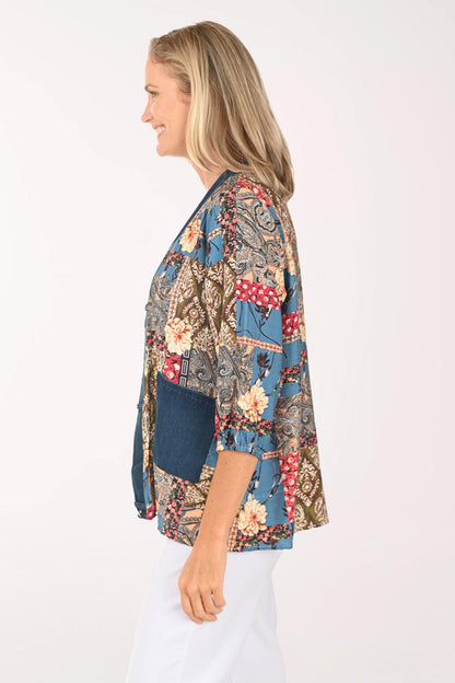 Patchwork Denim Trim Open Front Top
