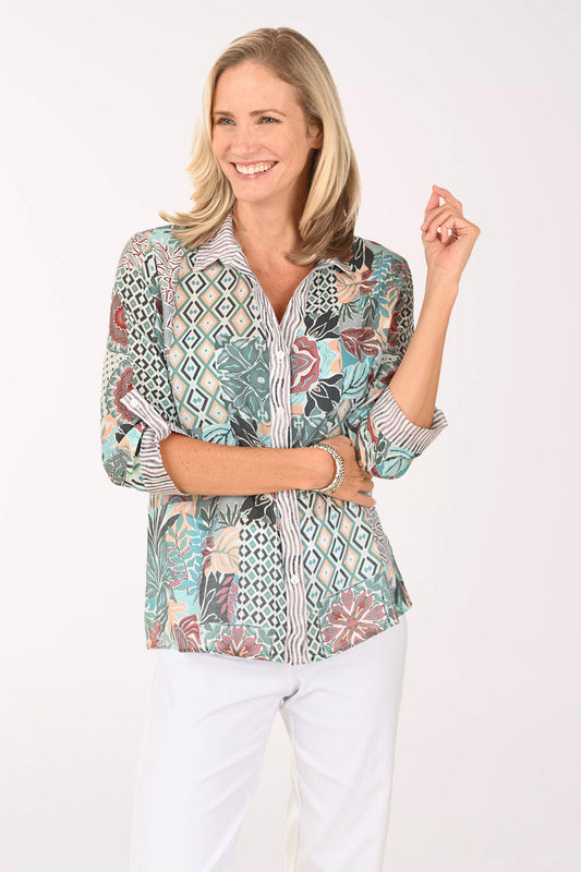 Green Patchwork Roll Sleeve Shirt