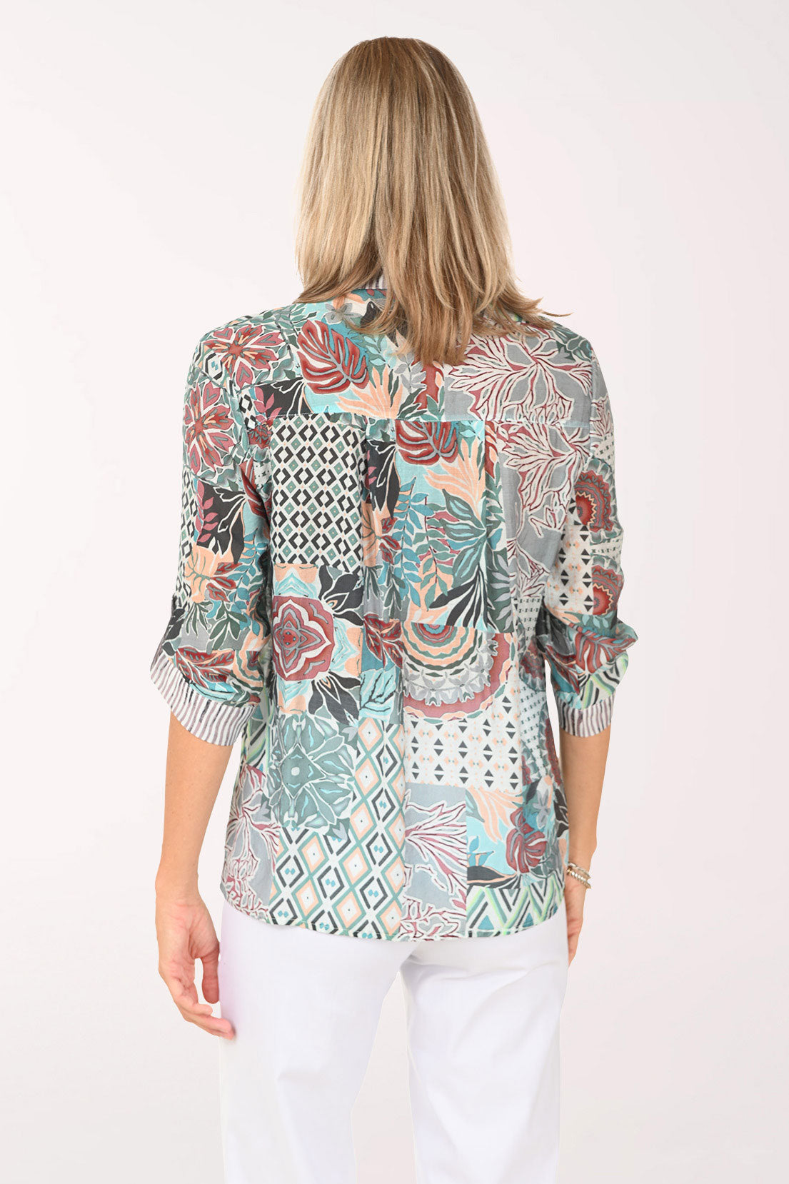 Green Patchwork Roll Sleeve Shirt