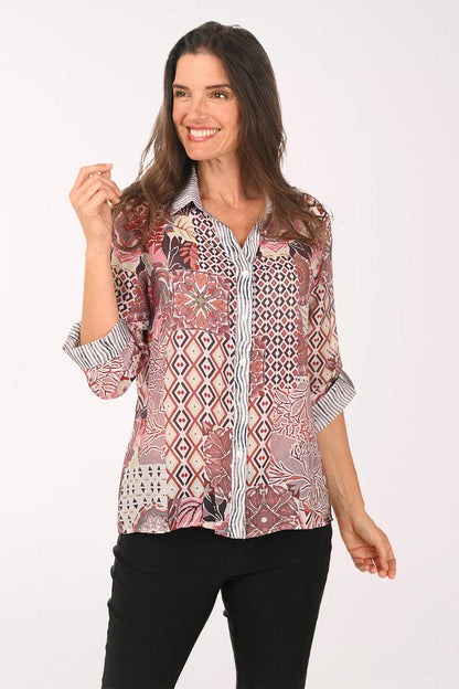 Pink Patchwork Roll Sleeve Shirt