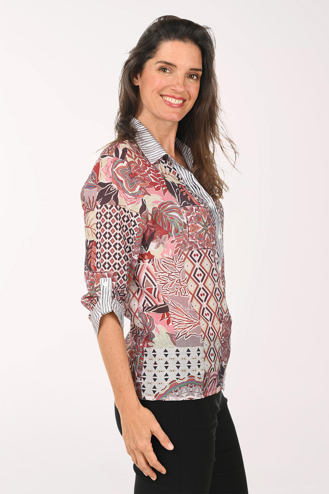 Pink Patchwork Roll Sleeve Shirt