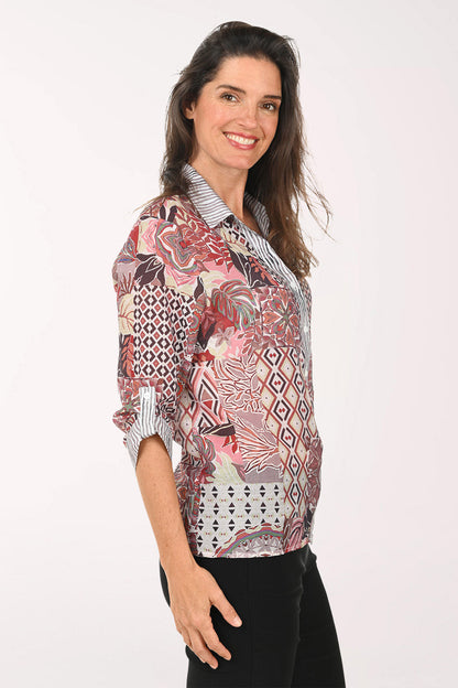 Pink Patchwork Roll Sleeve Shirt