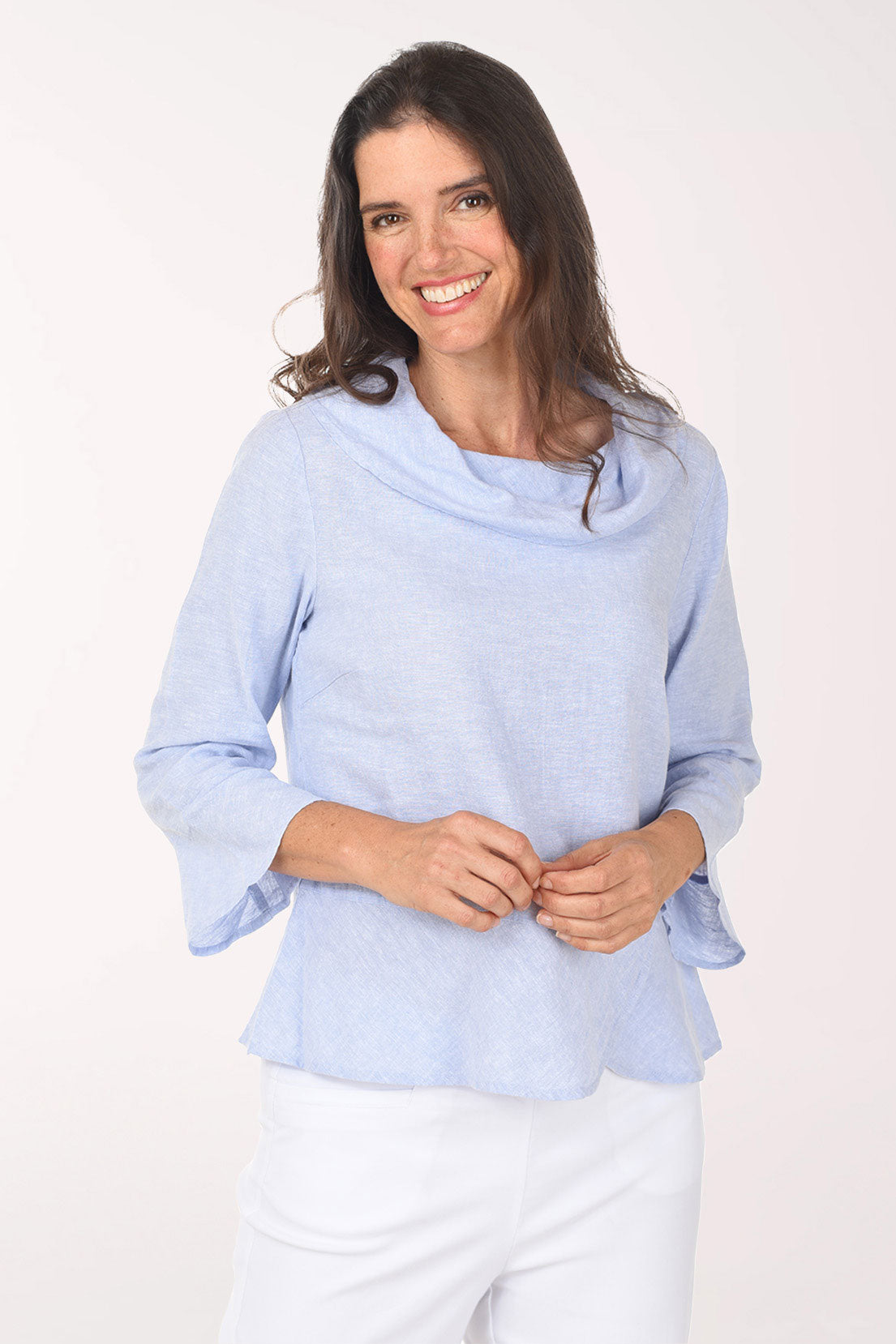 Solid Linen-Blend Cowl Neck Blouse