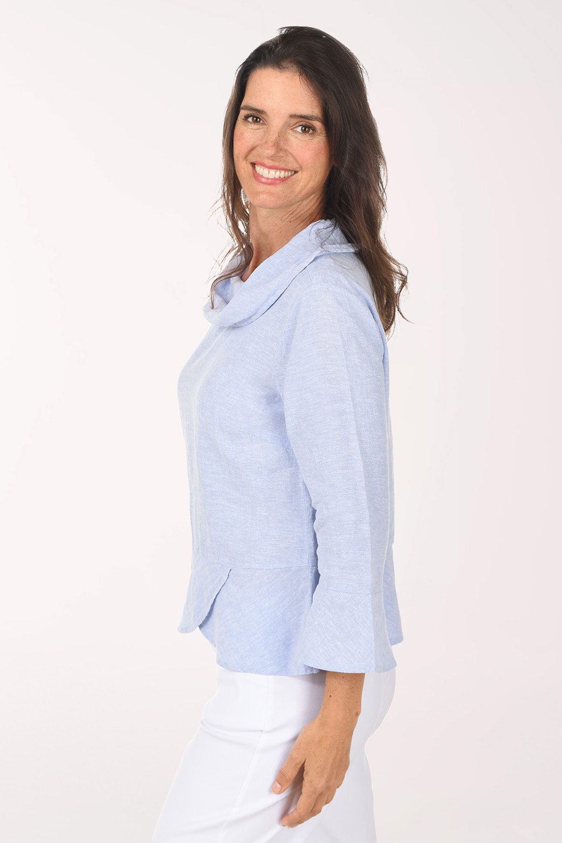 Solid Linen-Blend Cowl Neck Blouse