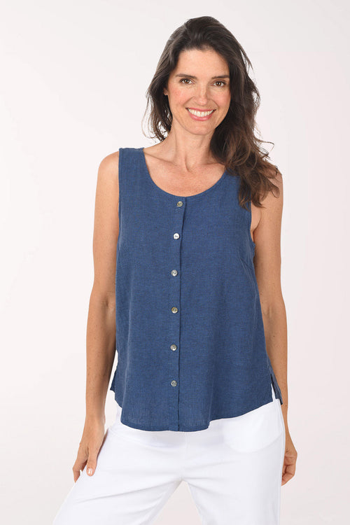 Solid Linen-Blend Button-Front Tank Top