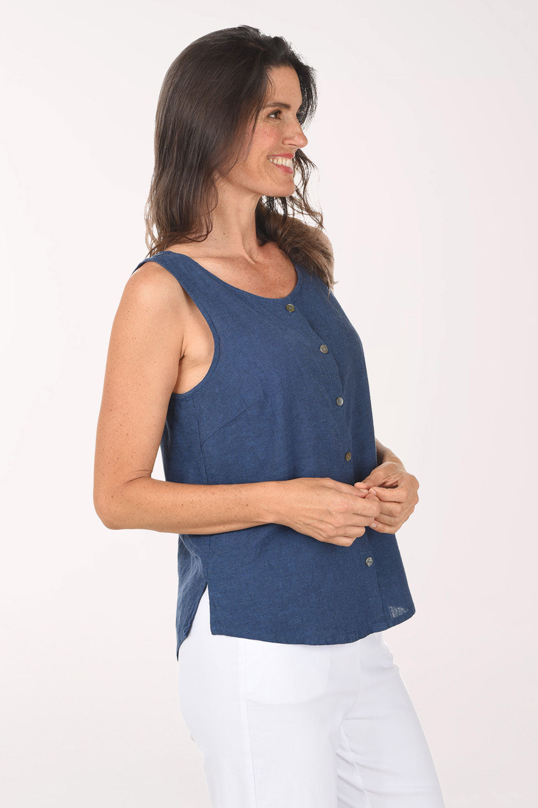 Solid Linen-Blend Button-Front Tank Top
