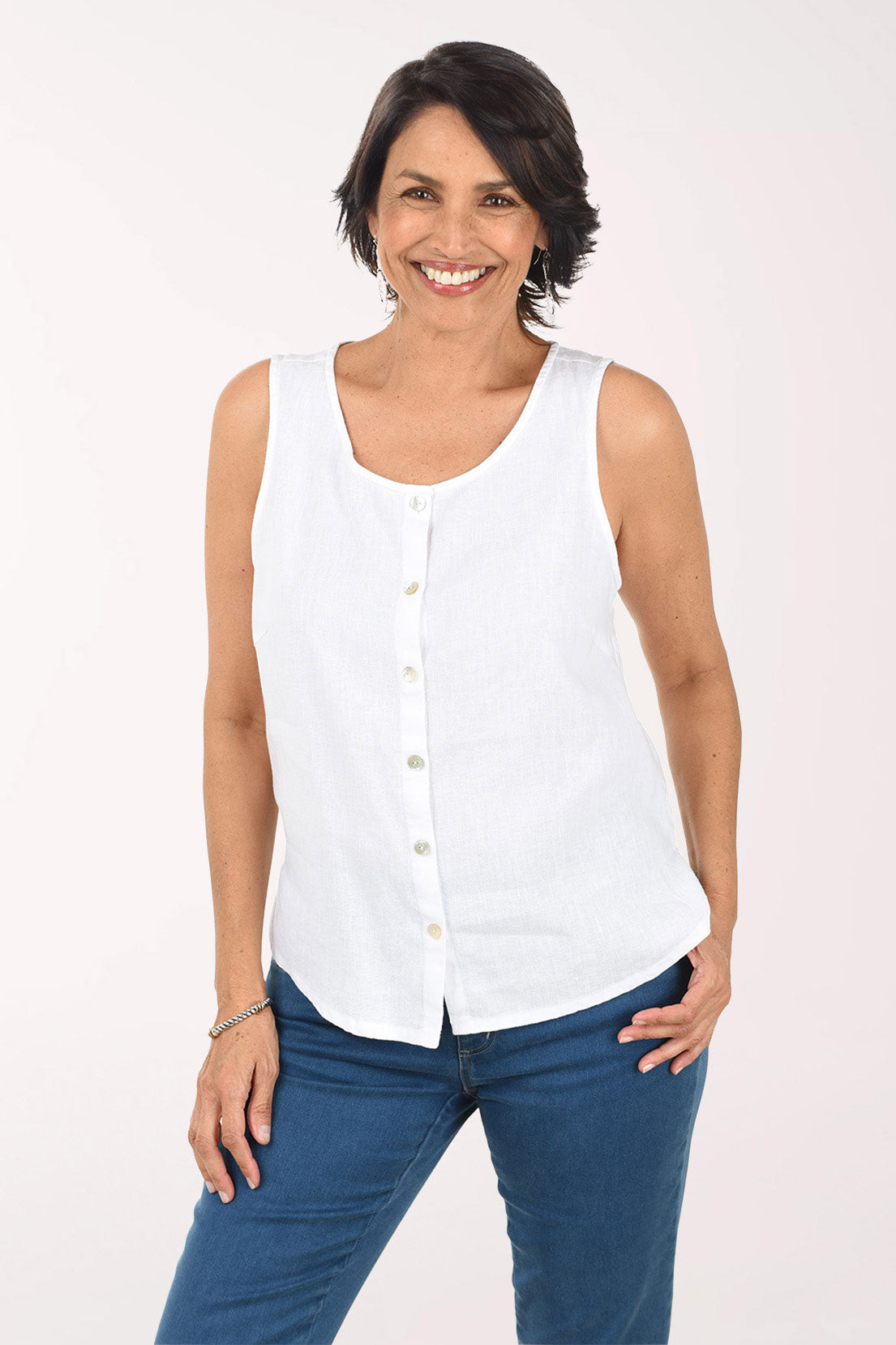 Solid Linen-Blend Button-Front Tank Top