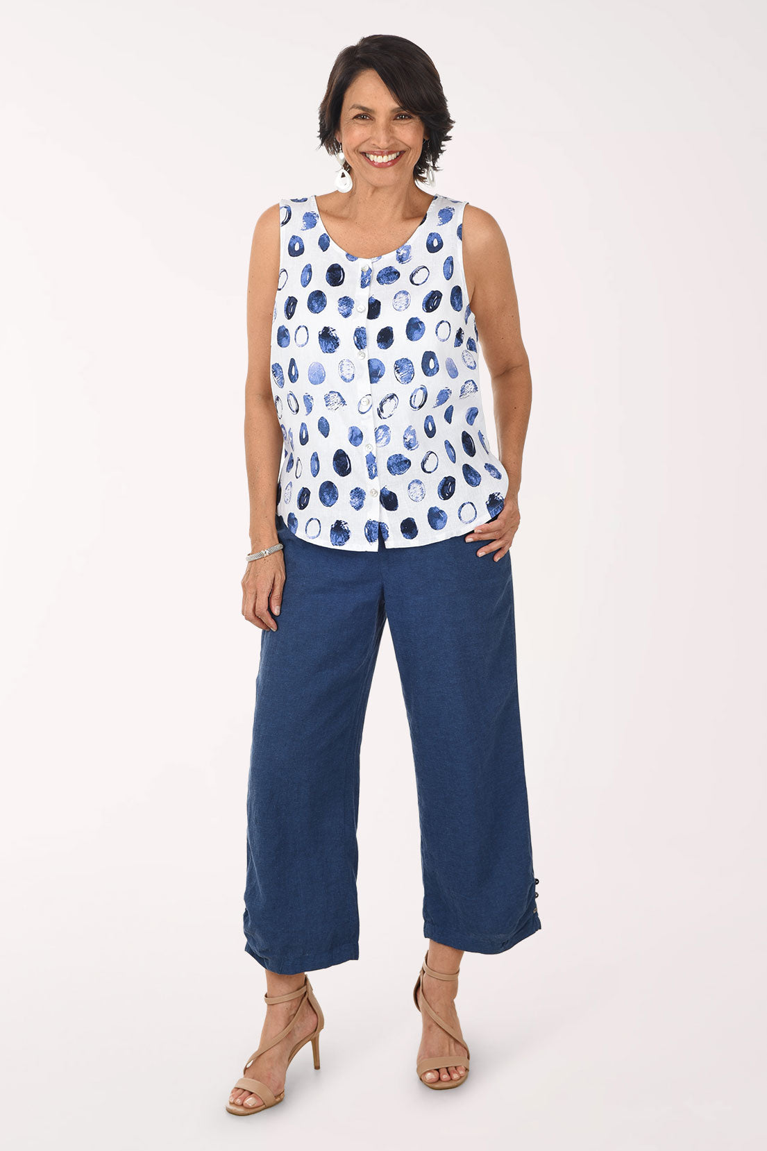 Linen-Blend Button Pleated Hem Crop Pant