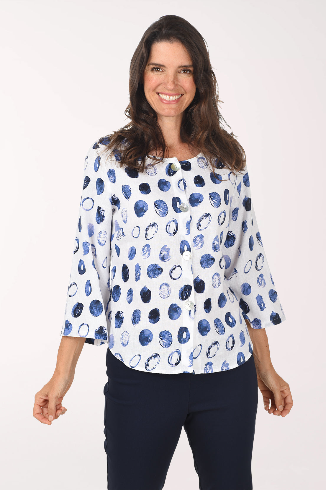 Blue Dots Linen-Blend Collarless Shirt