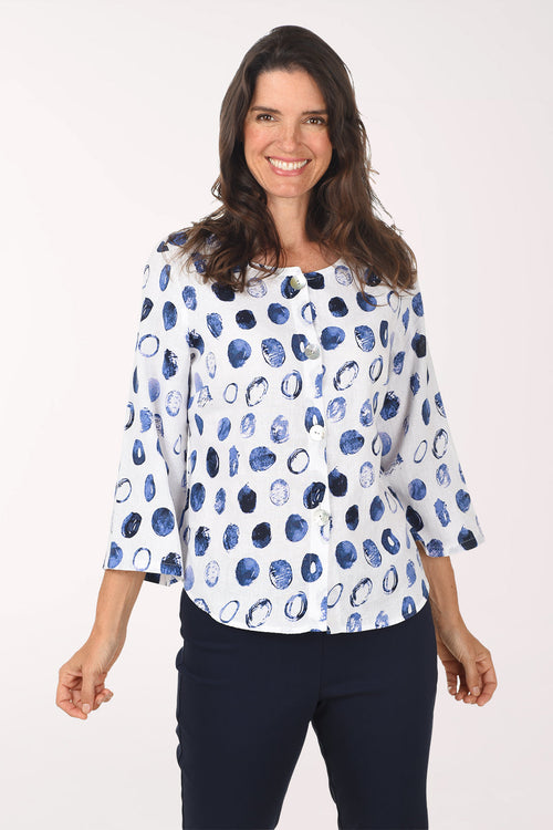 Blue Dots Linen-Blend Collarless Shirt